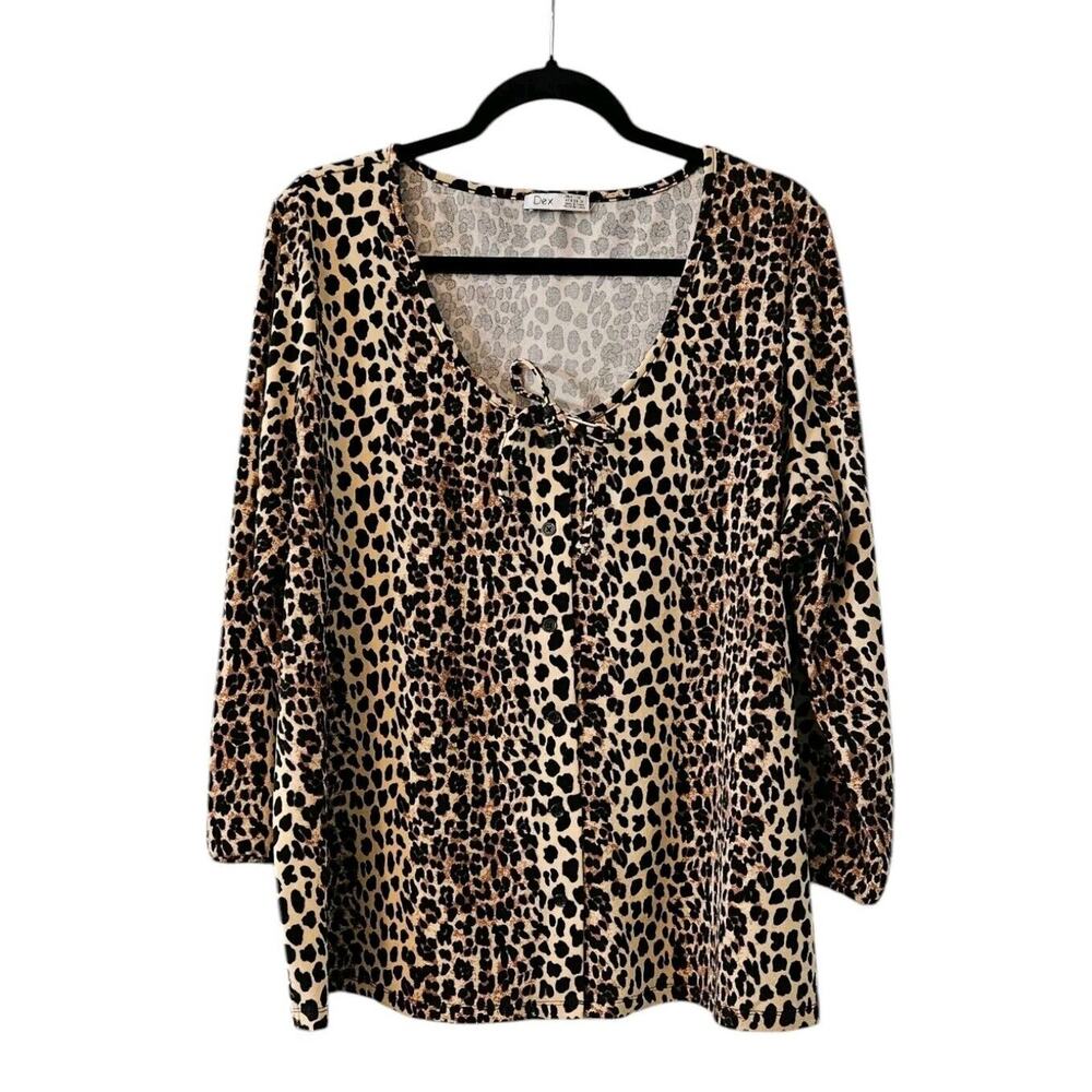 Dex Womens 1X Top Leopard Print Button Down Scoop Neck Balloon Sleeves